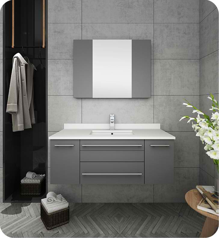 42" Gray Wall Hung Undermount Sink Modern Bathroom Vanity with Medicine Cabinet