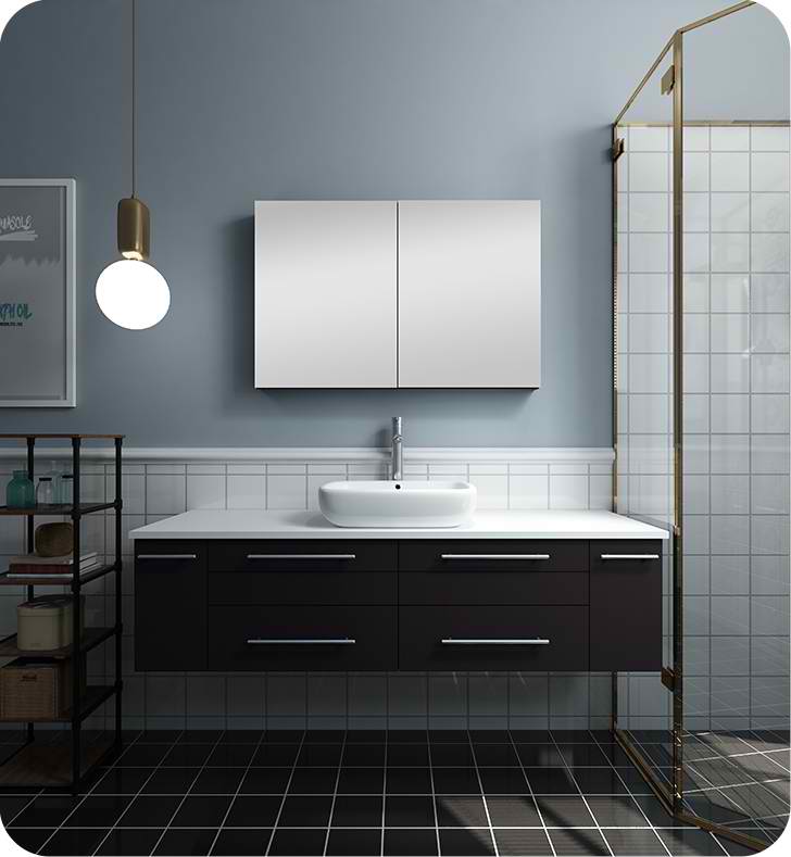 60" Espresso Wall Hung Single Vessel Sink Modern Bathroom Vanity with Medicine Cabinet