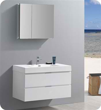 40" Wall Hung Modern Bathroom Vanity with Medicine Cabinet, Glossy White Finish