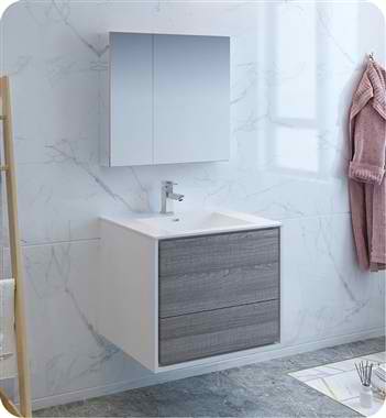 30" Wall Hung Modern Bathroom Vanity with Medicine Cabinet, Faucets and Color Option