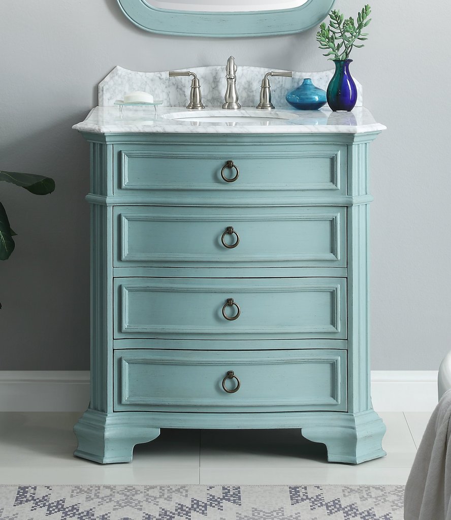 32" Carrara Marble Top Single Bathroom Sink Bathroom Vanity Light Blue Finish