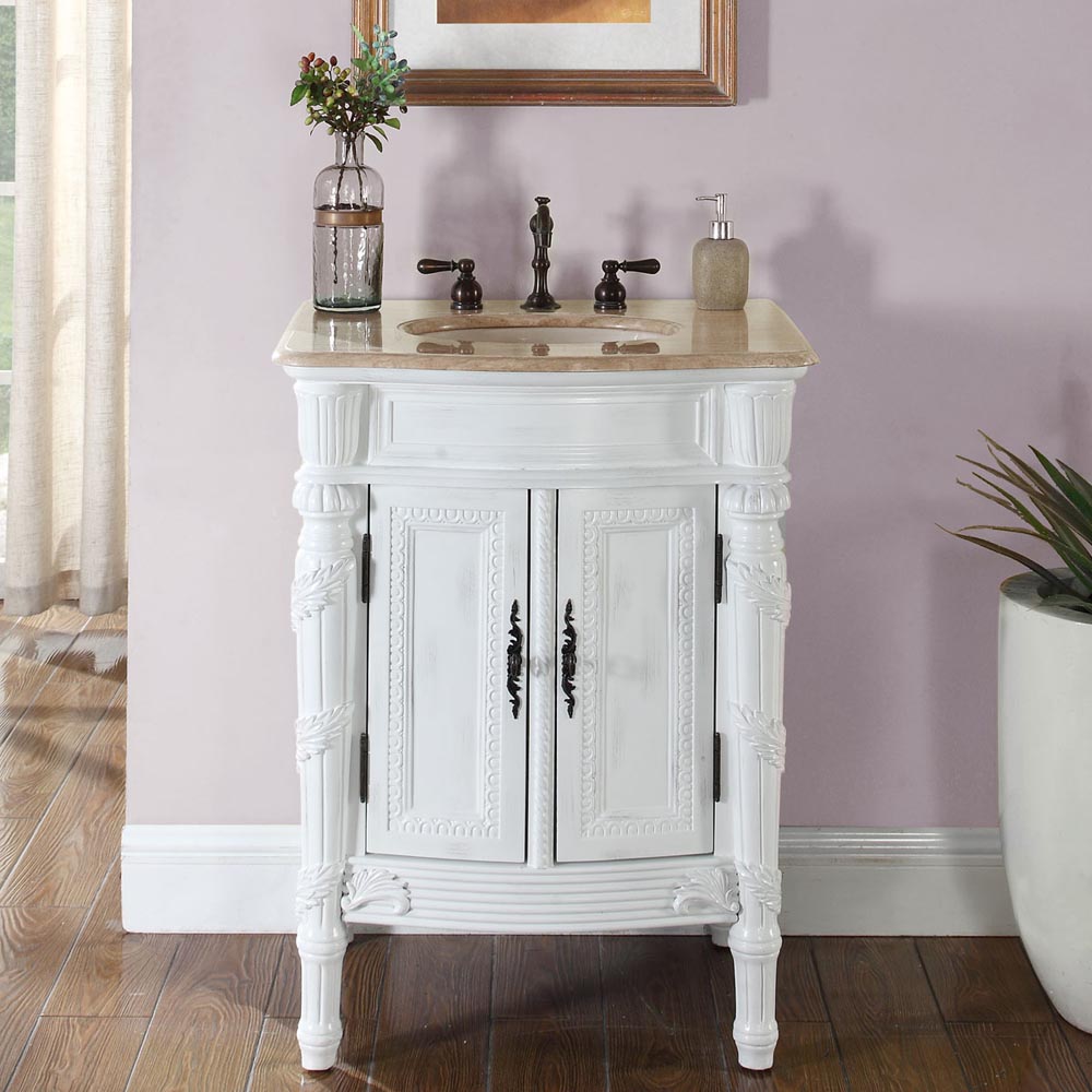 26" Single Sink Cabinet - Travertine Top, Undermount Ivory Ceramic Sink (3-hole)
