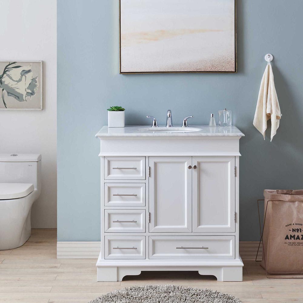 36" Single Sink Cabinet - Carrara White Marble Top, Undermount White Ceramic Sinks (3-hole)