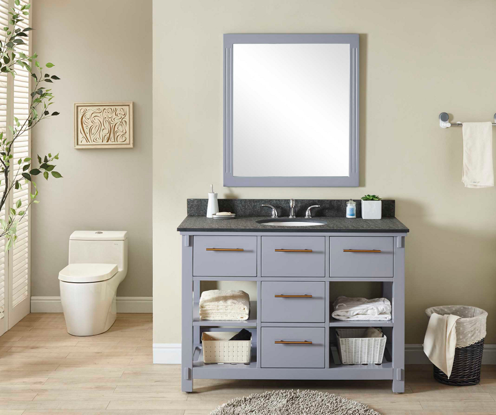 48" Single Sink Bathroom Vanity in Grey Finish with Polished Textured Surface Granite Top - No Faucet