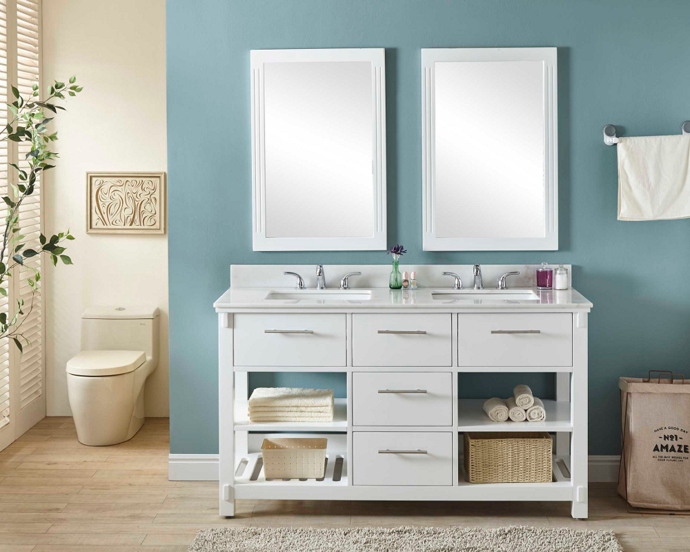 60" Double Sink Bathroom Vanity in White Finish with Arctic Pearl Quartz Marble Top - No Faucet