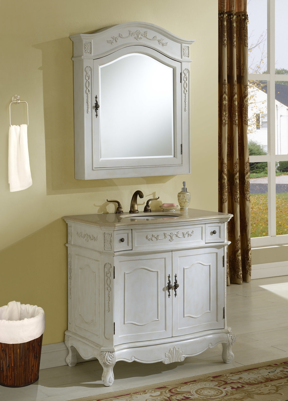 36" Antique White Finish Vanity with Mirror, Med Cab, and Linen Cabinet Options