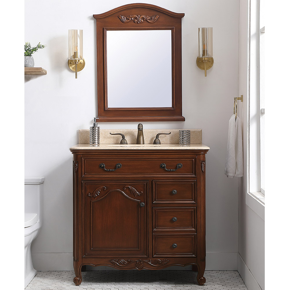 36" Antique Teak with Imperial White Marble Top with Mirror Options