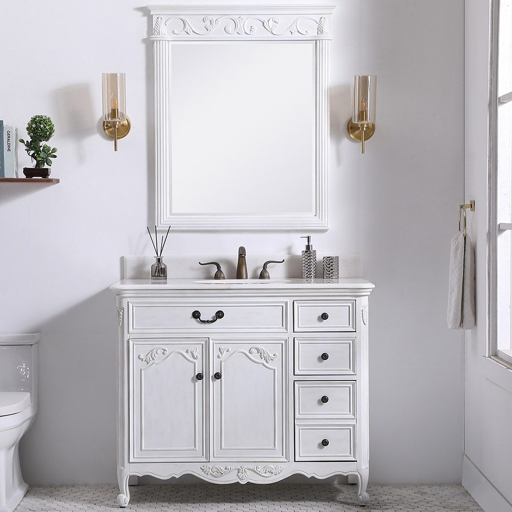 42" Antique White with Imperial White Marble Top with Mirror Options