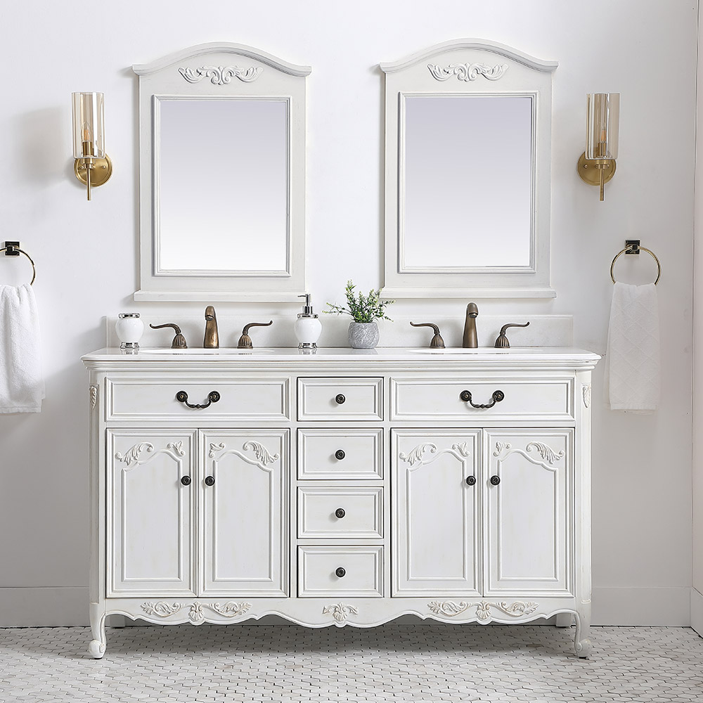 60" Antique White Finish Double Sink Vanity with Imperial White Marble Counter Top with Mirror Options
