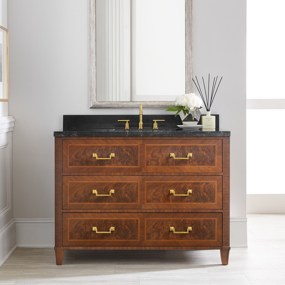 Gourdon 47 Walnut Wood Vanity with Black Honed Marble and Solid Brass Hardware