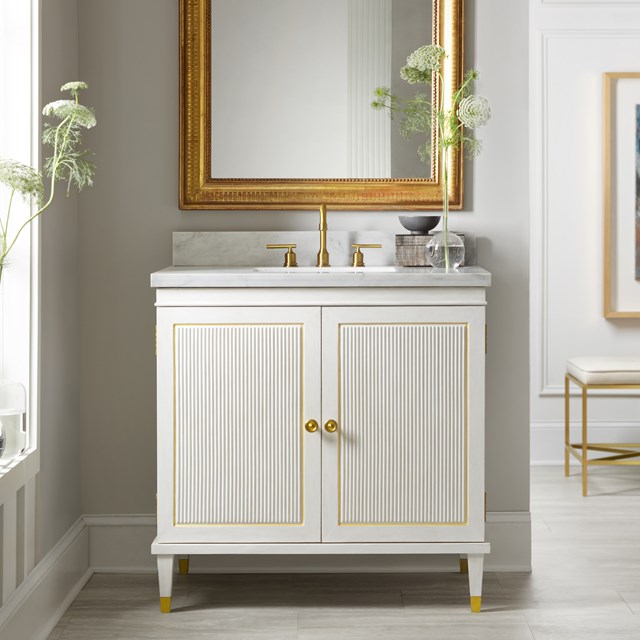 Swedish Reeded 36" Antique White Painted Vanity with White Carrara Marble and Solid Brass Hardware