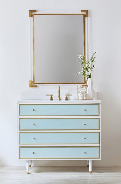 Seaglass 42" White Painted Case Vanity with Brass Drawer Surrounds and Printed Acrylic Seaglass