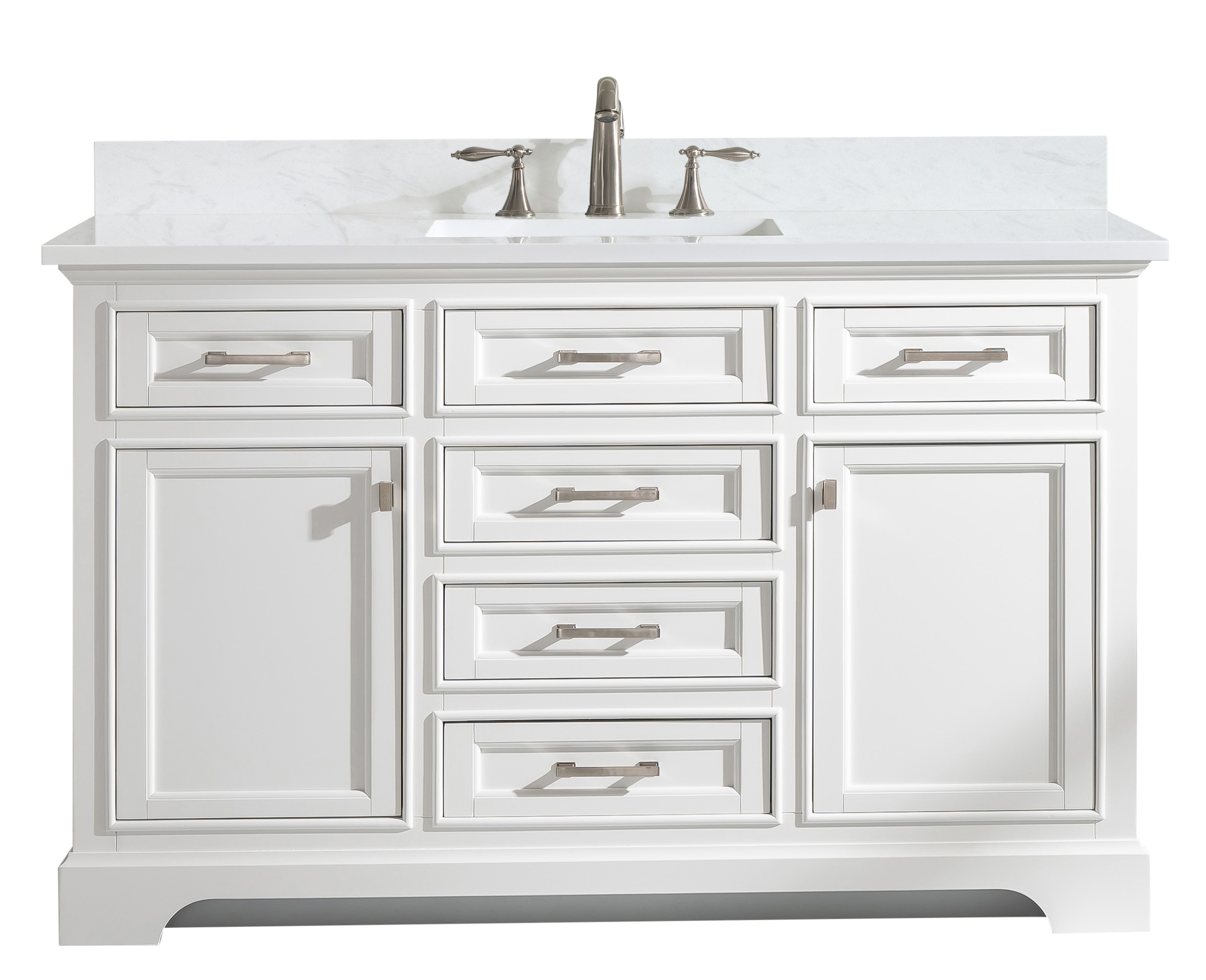 Transitional 54" Single Sink Vanity with 1" Thick White Quartz Countertop in White Finish