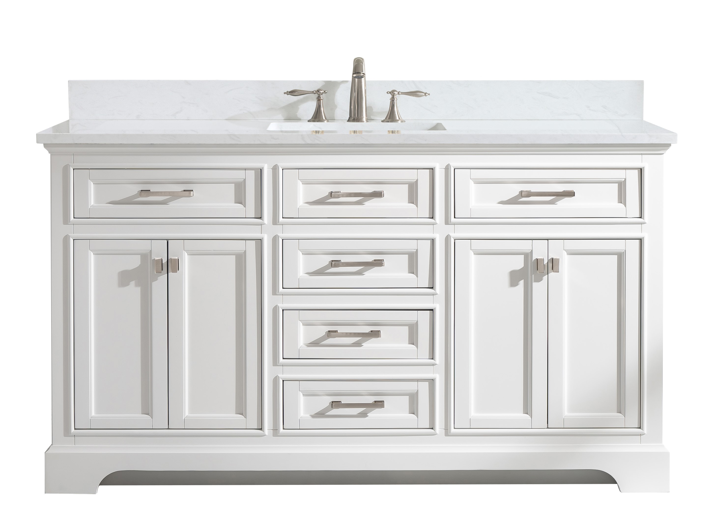 60" Single Vanity in White Finish with 1" Thick White Quartz Countertop in White Finish