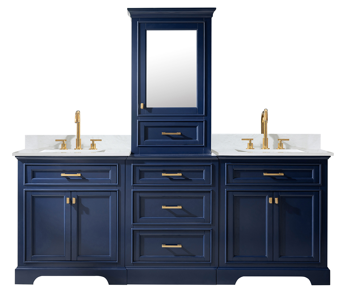 84" Bath Vanity in Blue with 1" Thick White Quartz Countertop in White with White Basin