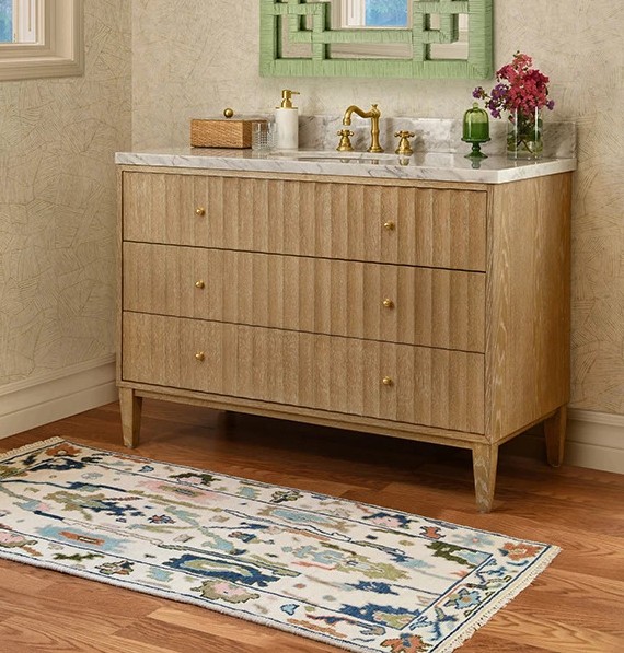 Issac Edwards 48" Bathroom Vanity with Vertical Fluted Detail with Polished Brass Knobs in Cerused Oak