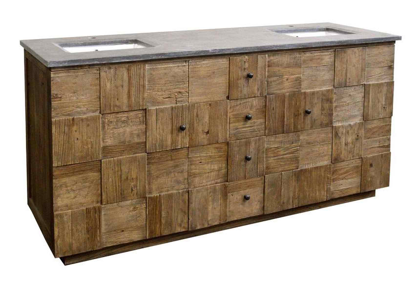 73" Reclaimed Elm Block Double Rectangular Sink with Blue Stone Top Natural Finish