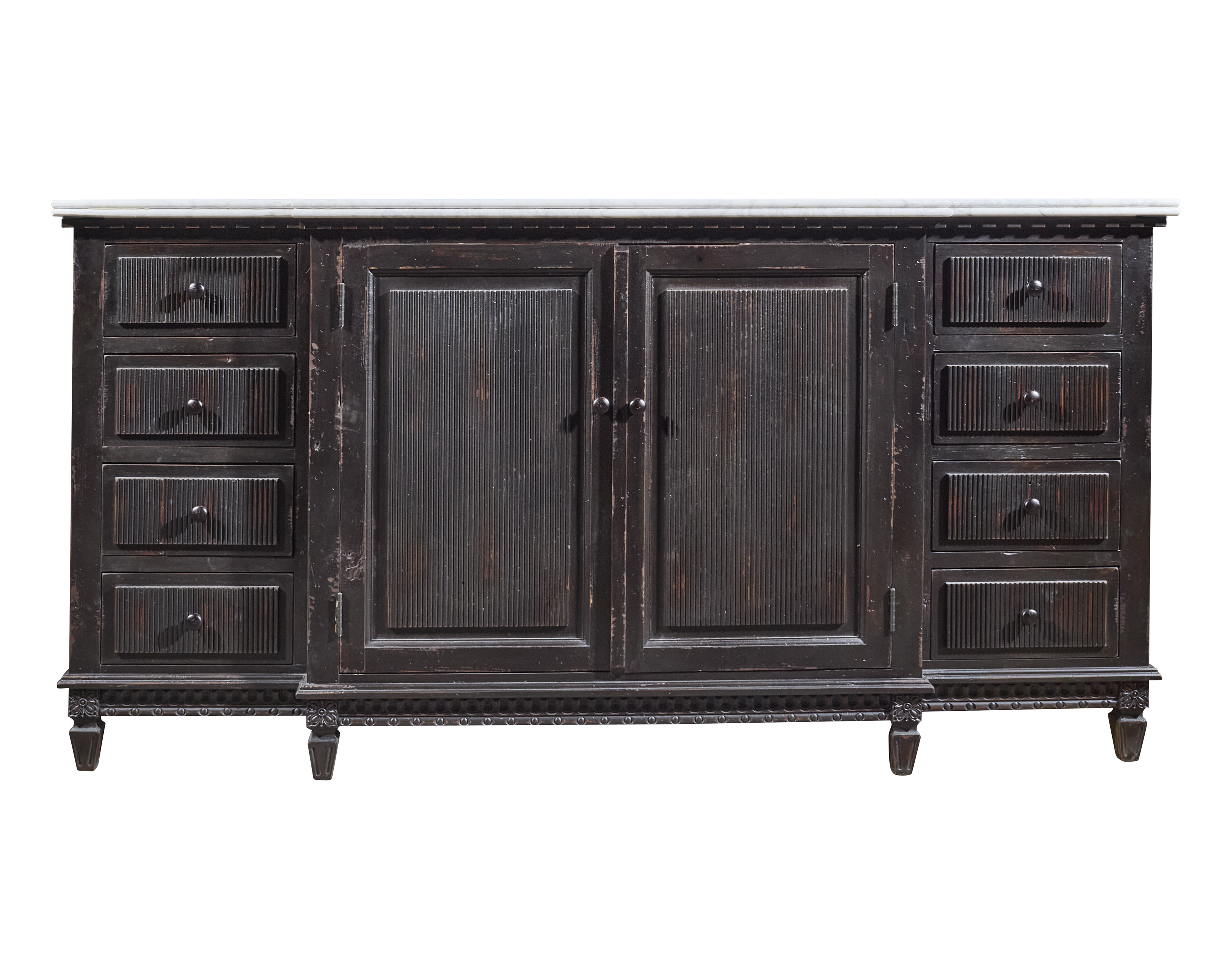 Remi Frank Design 71" Reclaimed Single Vanity White Marble Top Distressed Heavy Aniqued Black Painted Finish