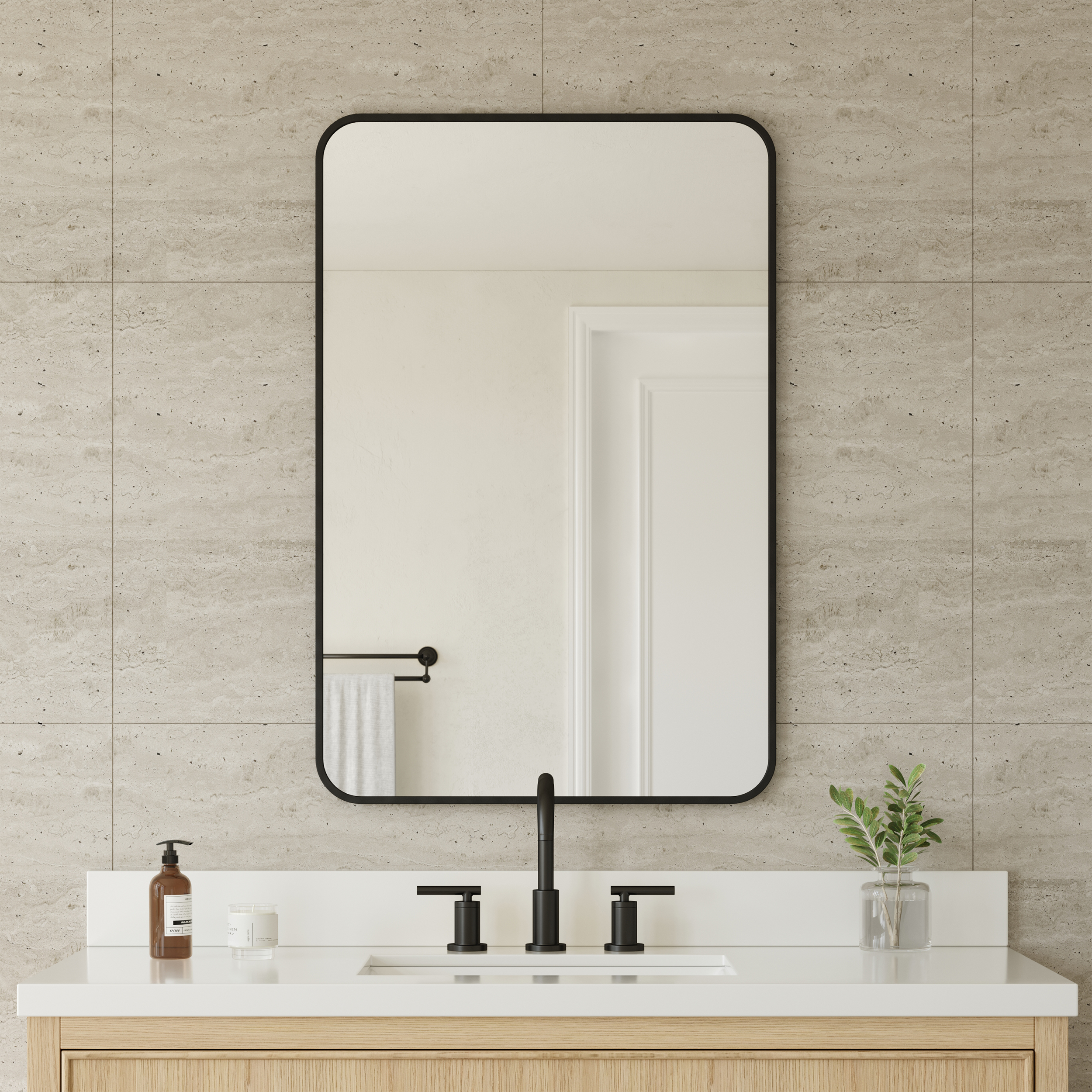 24 in. W x 36 in. H Metal Framed Radius Edge Bathroom Vanity Mirror in Matte Black with 3 Color Finish Options