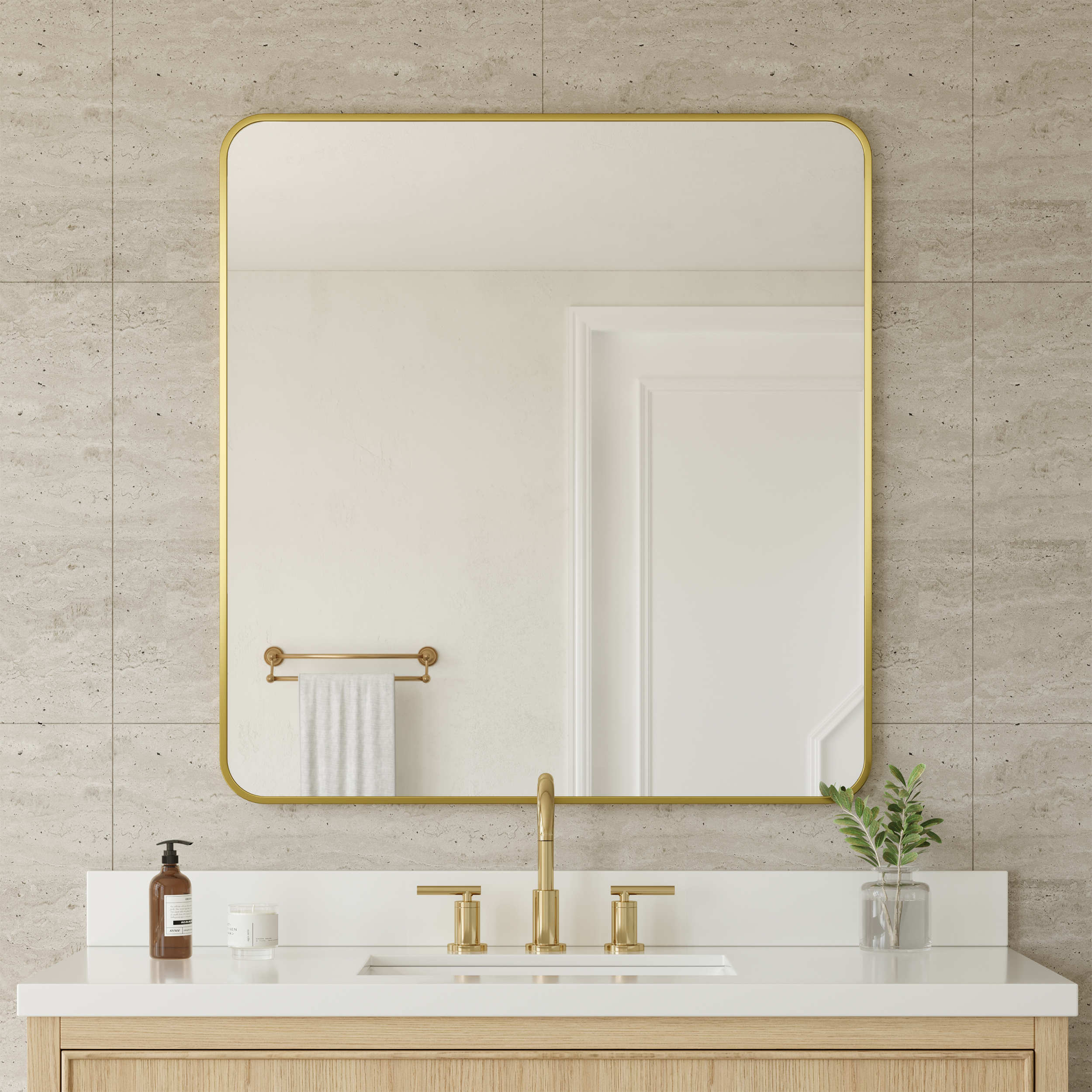 34 in. W x 36 in. H Metal Framed Radius Edge Bathroom Vanity Mirror in Brushed Gold with 3 Color Finish Options