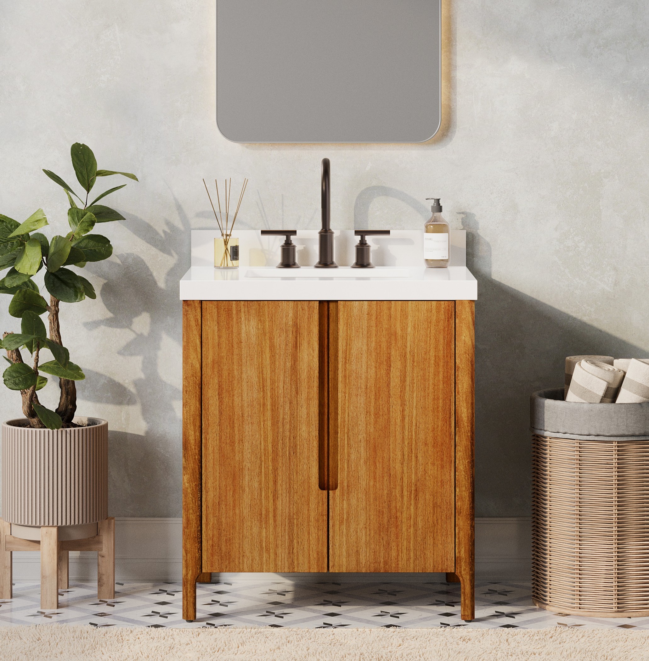 30 in. Single Sink Bath Vanity in Mango Wood With White Brook Quartz Top with Linen Cabinet and Medicine Cabinet Options 30 in. Single Sink Bath Vanity in Mango Wood With White Brook Quartz Top with Linen Cabinet and Medicine Cabinet Options