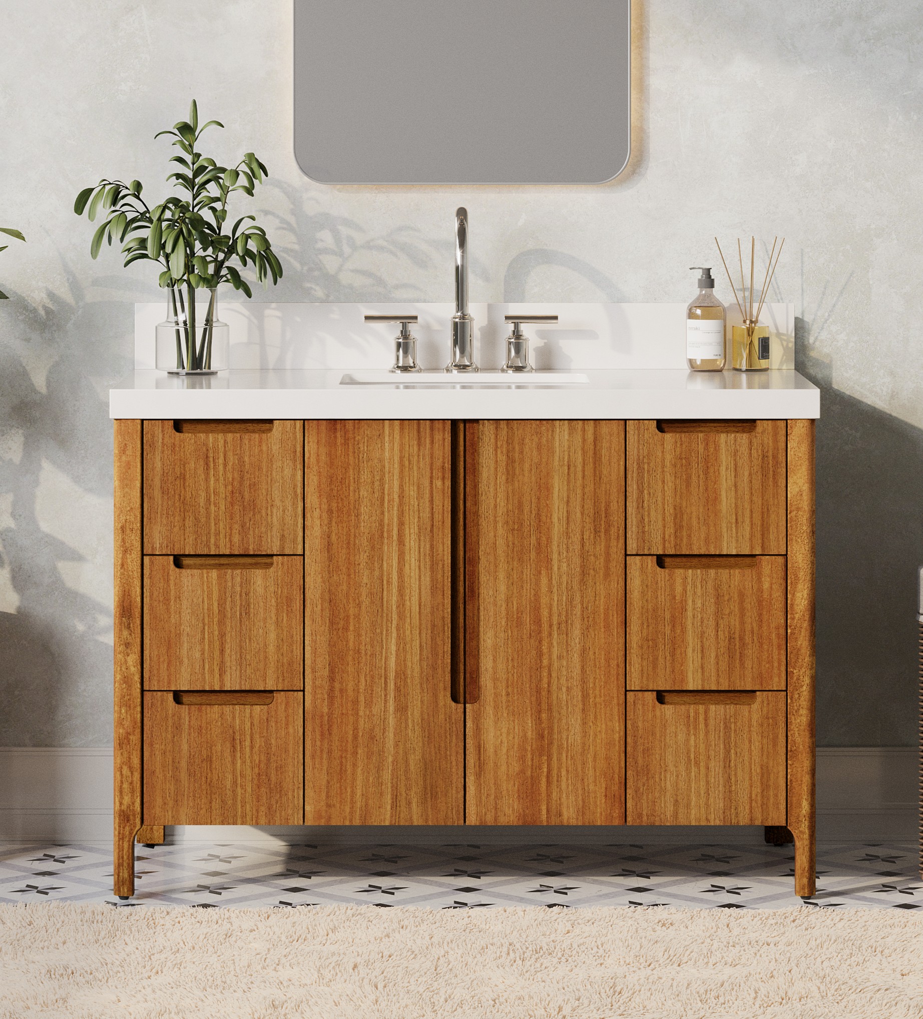 48 in. Single Sink Bath Vanity in Mango Wood with White Quartz Top with Linen Cabinet and Medicine Cabinet Options 48 in. Single Sink Bath Vanity in Mango Wood with White Quartz Top with Linen Cabinet and Medicine Cabinet Options