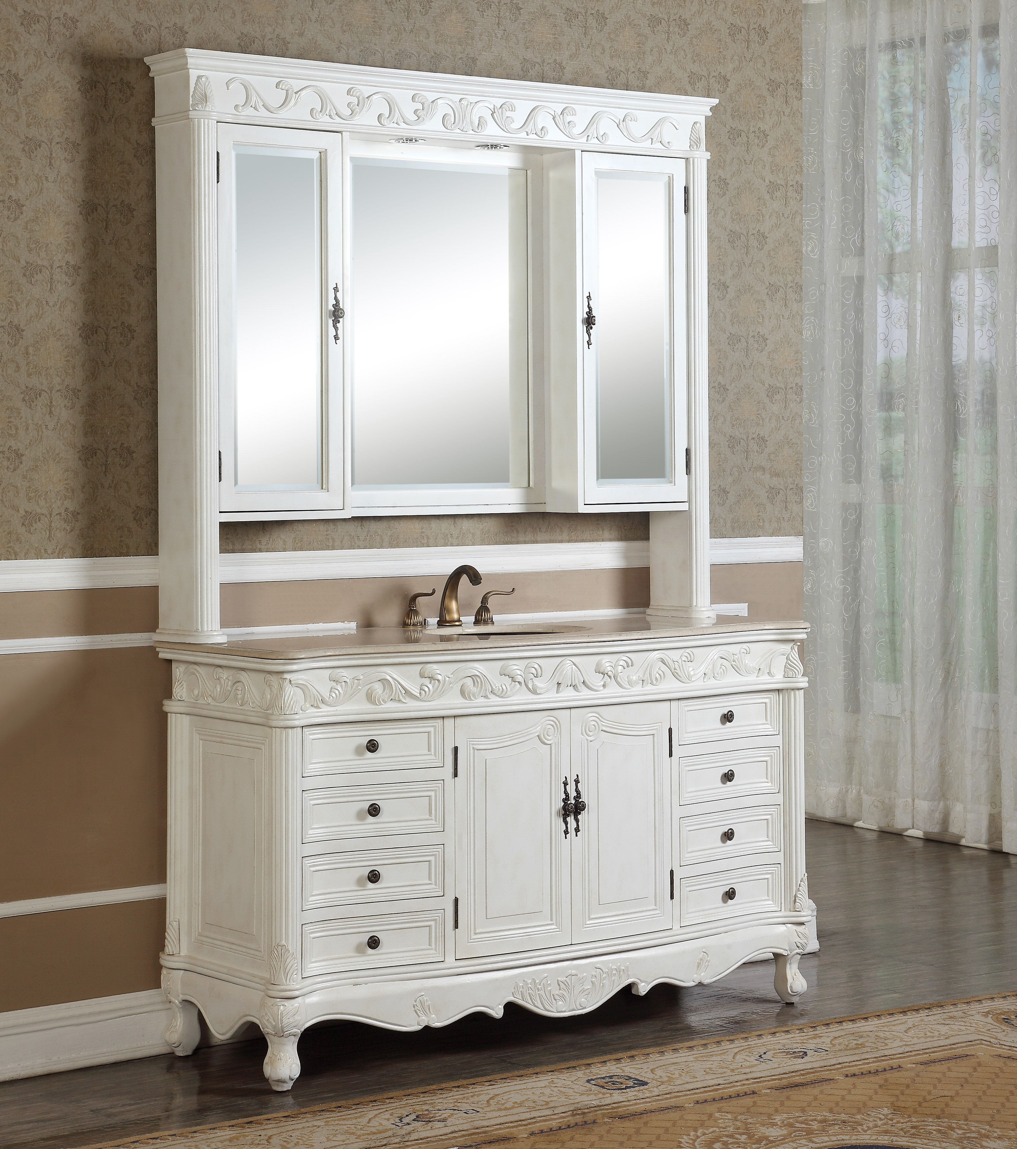 60" Antique White with Matching Medicine Cabinet, Mirror, and Linen Cabinet option, Imperial White Marble Top