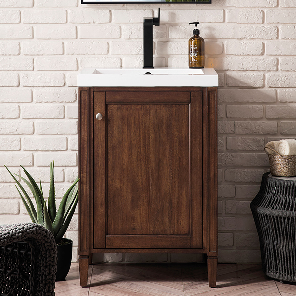 James Martin Brittania Collection 24" Single Vanity Cabinet, Mid Century Acacia w/ White Glossy Resin Countertop