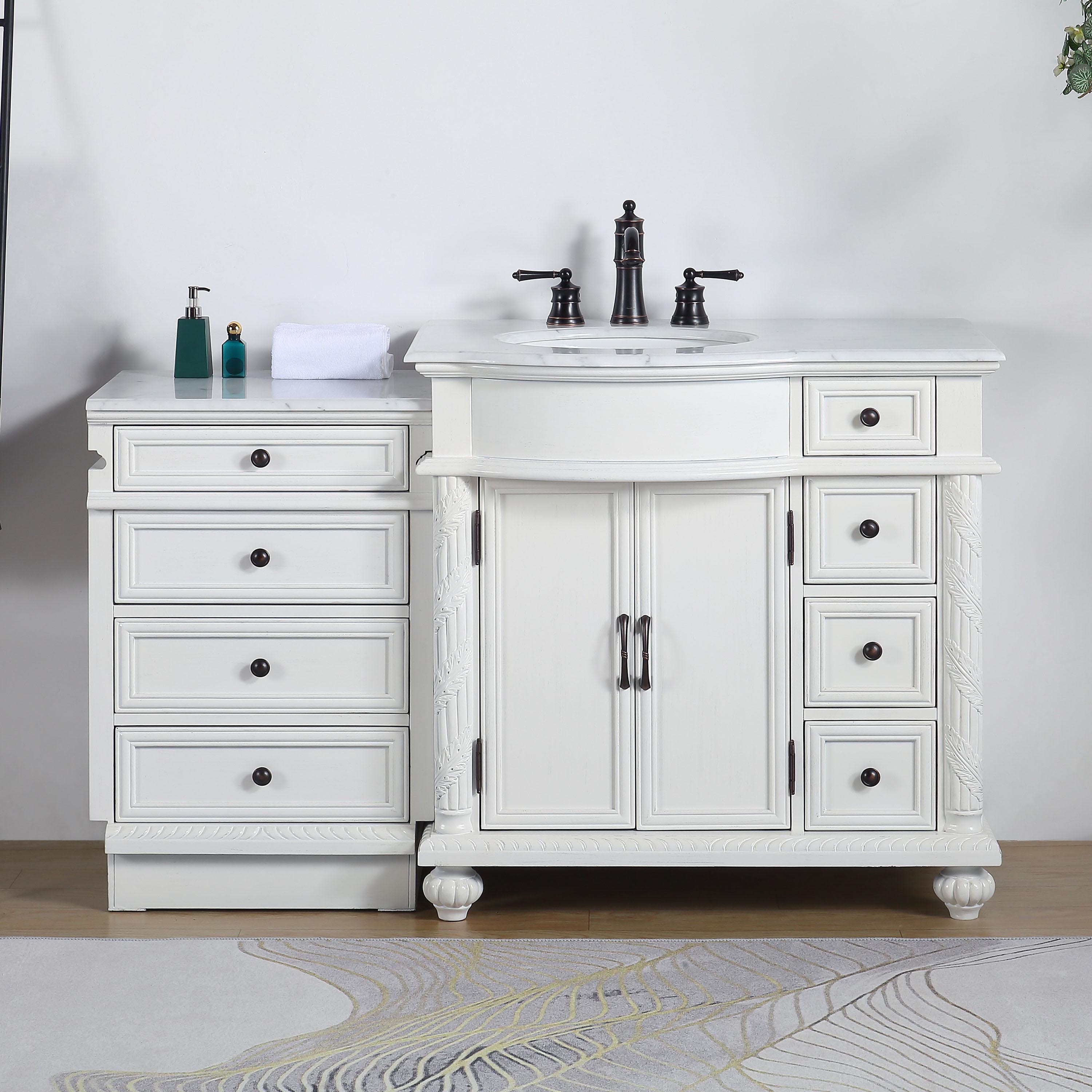 Adelina 56" White Traditional Style Single Sink Bathroom Vanity with White Carrara Marble Countertop