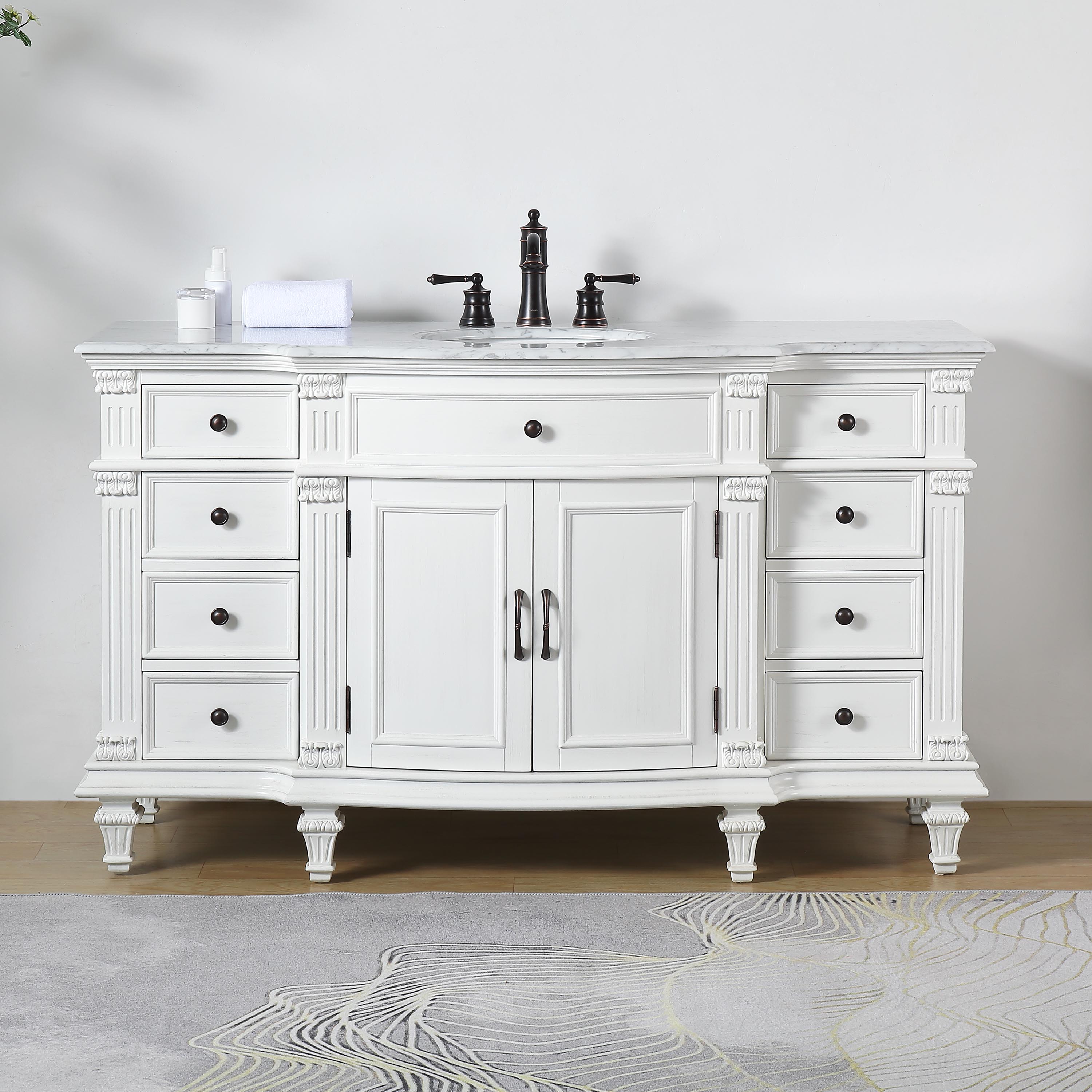 Adelina 60" Antique White Traditional Style Single Sink Bathroom Vanity with White Carrara Marble Countertop