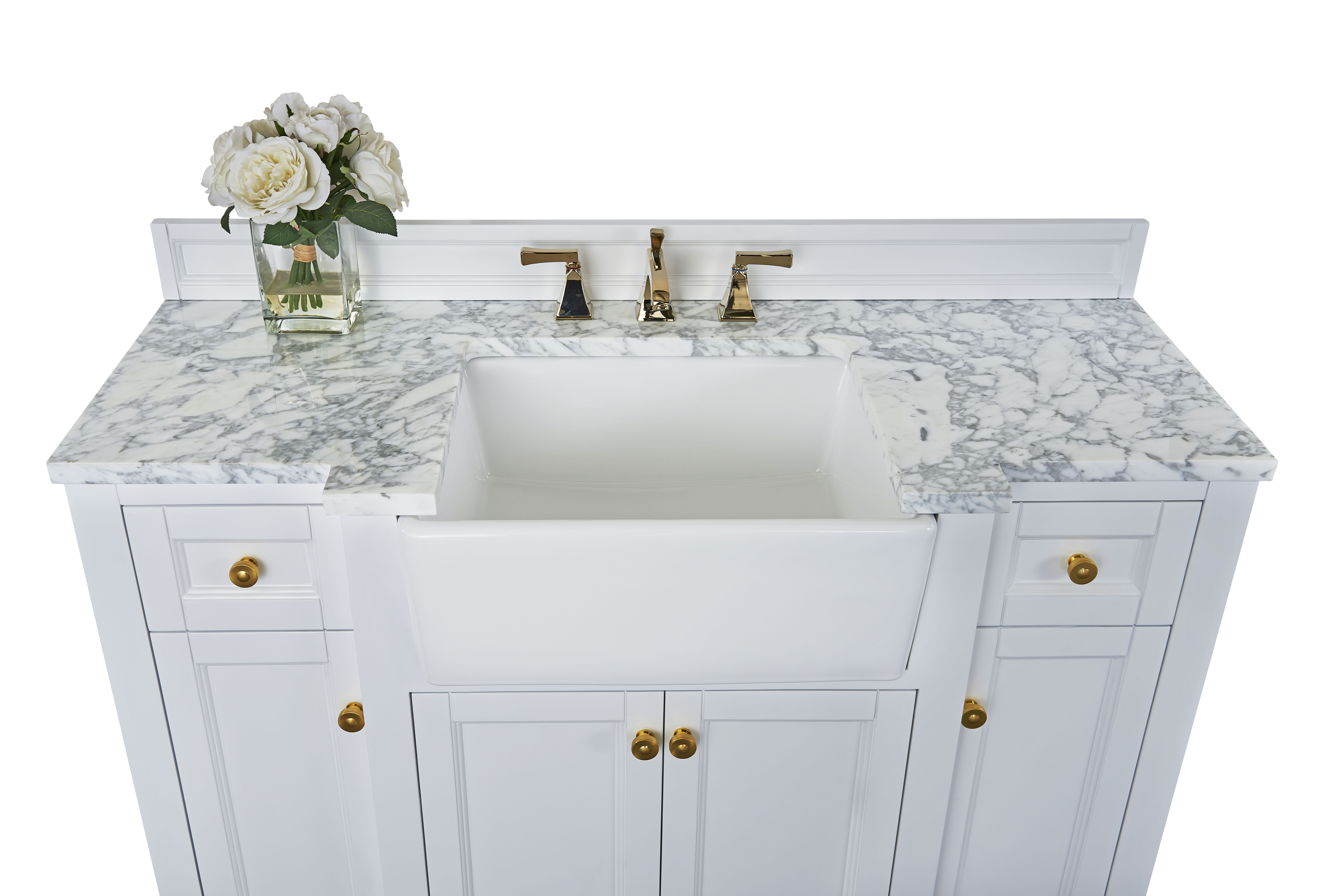 48" Bath Vanity Set in White with Italian Carrara White Marble Vanity Top and White Undermount Basin with Gold Hardware