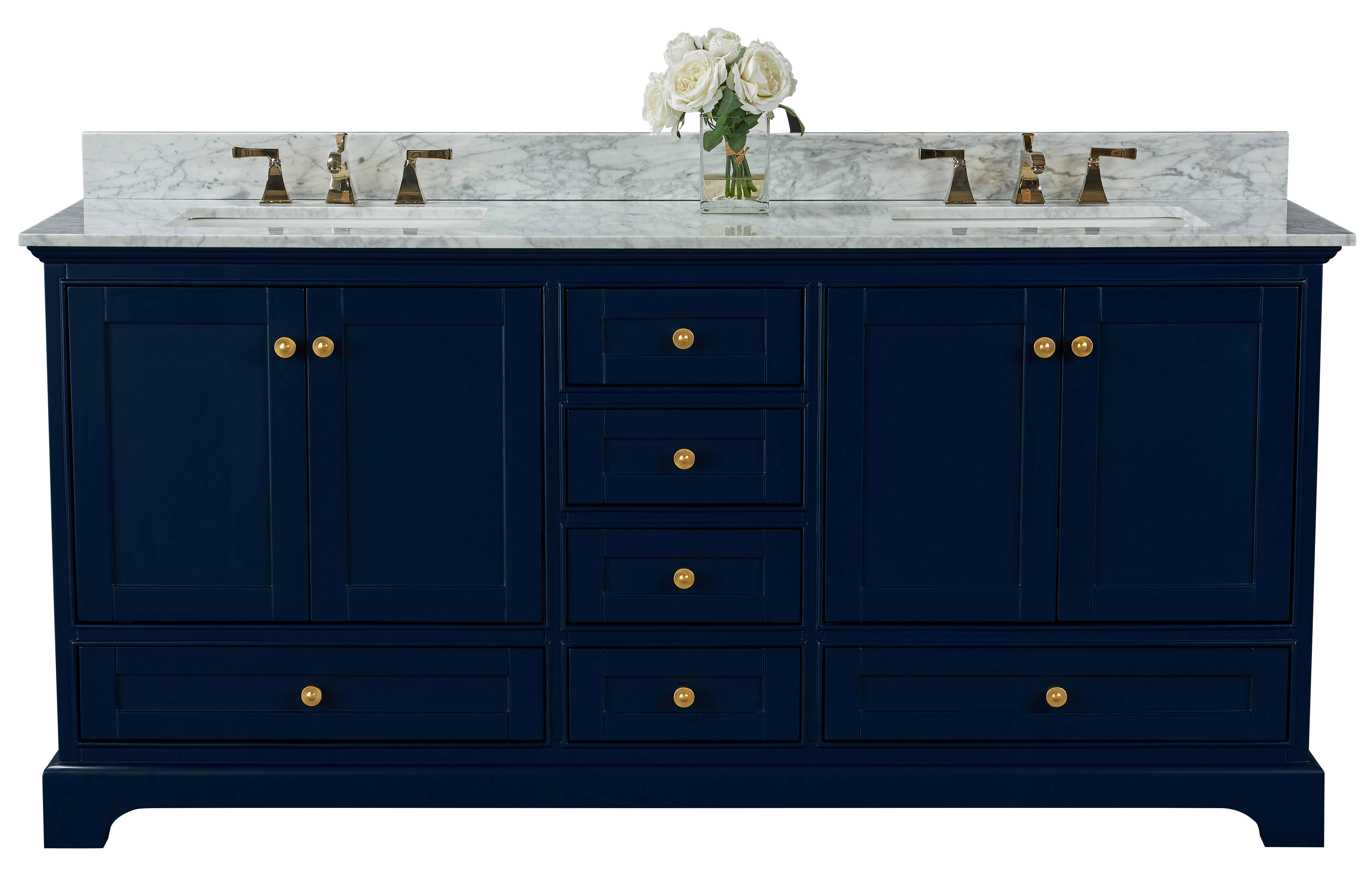 72" Bath Vanity Set in Heritage Blue with Italian Carrara White Marble Vanity top and White Undermount Basin with Gold Hardware with Color Options