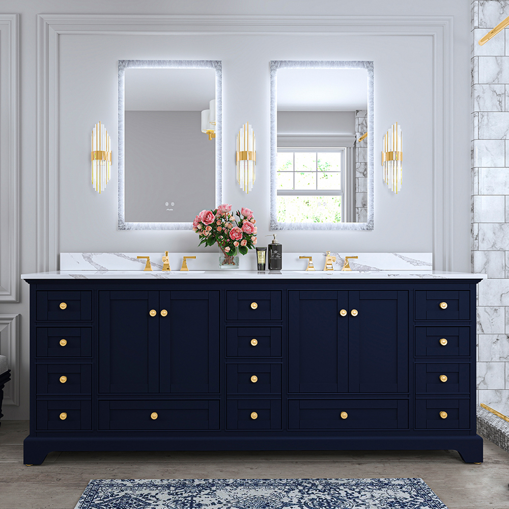84 in. Bath Vanity Set in Heritage Blue with Quartz Calacatta Laza Vanity top and White Undermount Basin with Gold Hardware