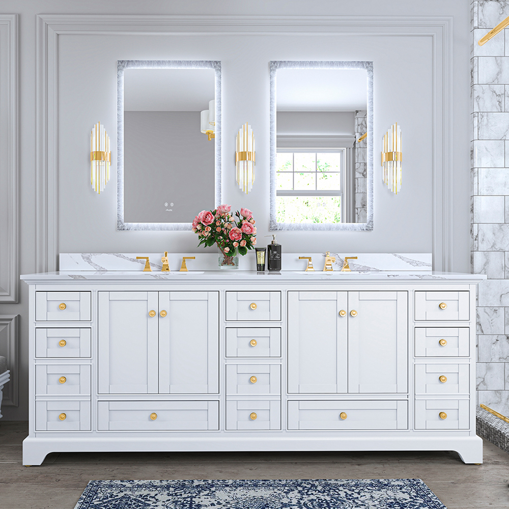 84 in. Bath Vanity Set in White with Quartz Calacatta Laza Vanity top and White Undermount Basin with Gold Hardware