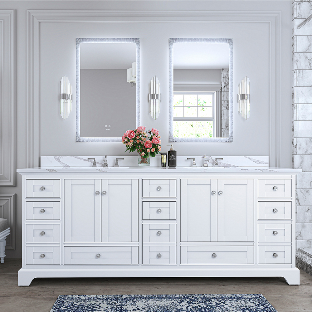84 in. Bath Vanity Set in White with Quartz Calacatta Laza Vanity top and White Undermount Basin