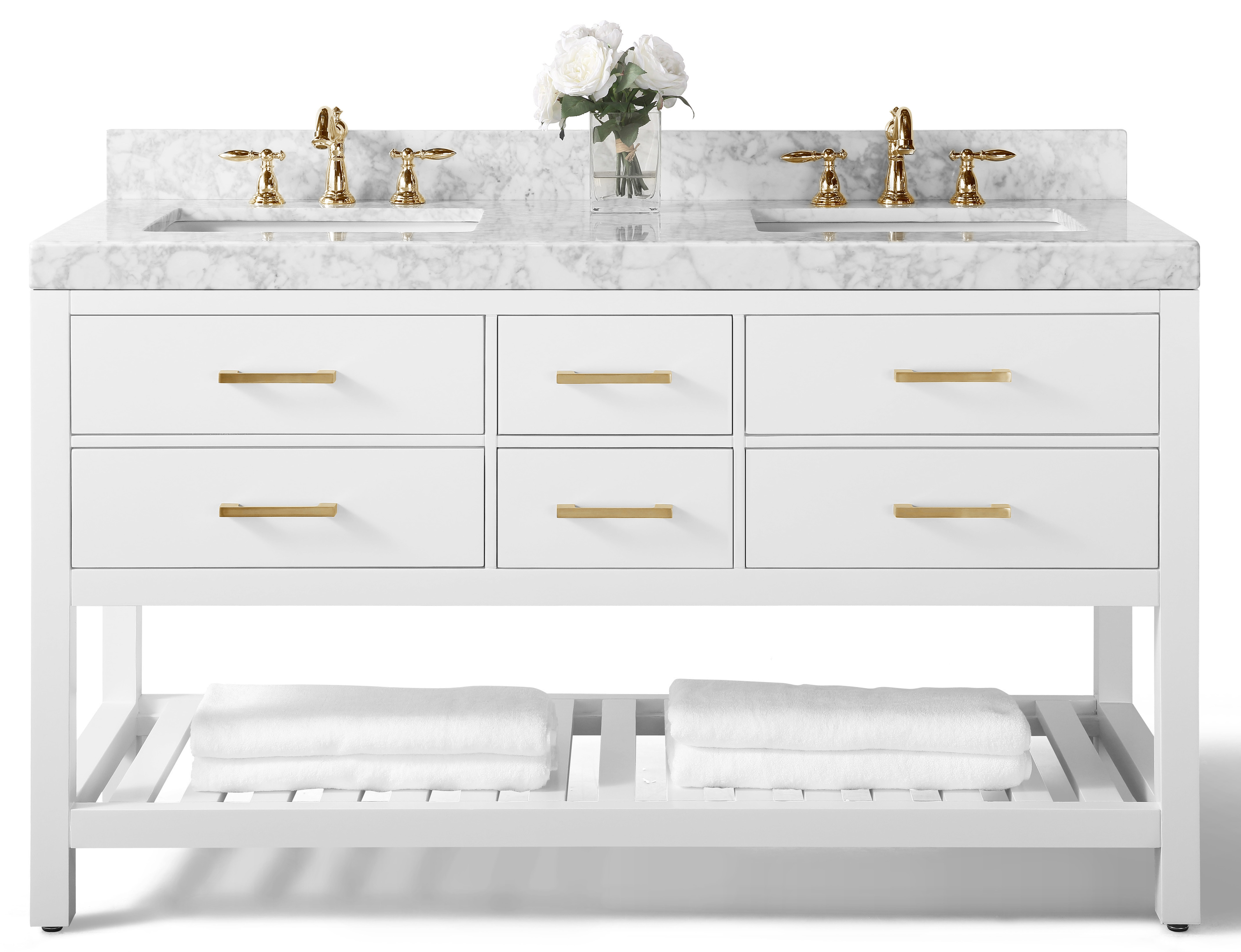 60" Double Sink Bath Vanity Set in White with Italian Carrara White Marble Vanity top and White Undermount Basin with Top and Mirror Options