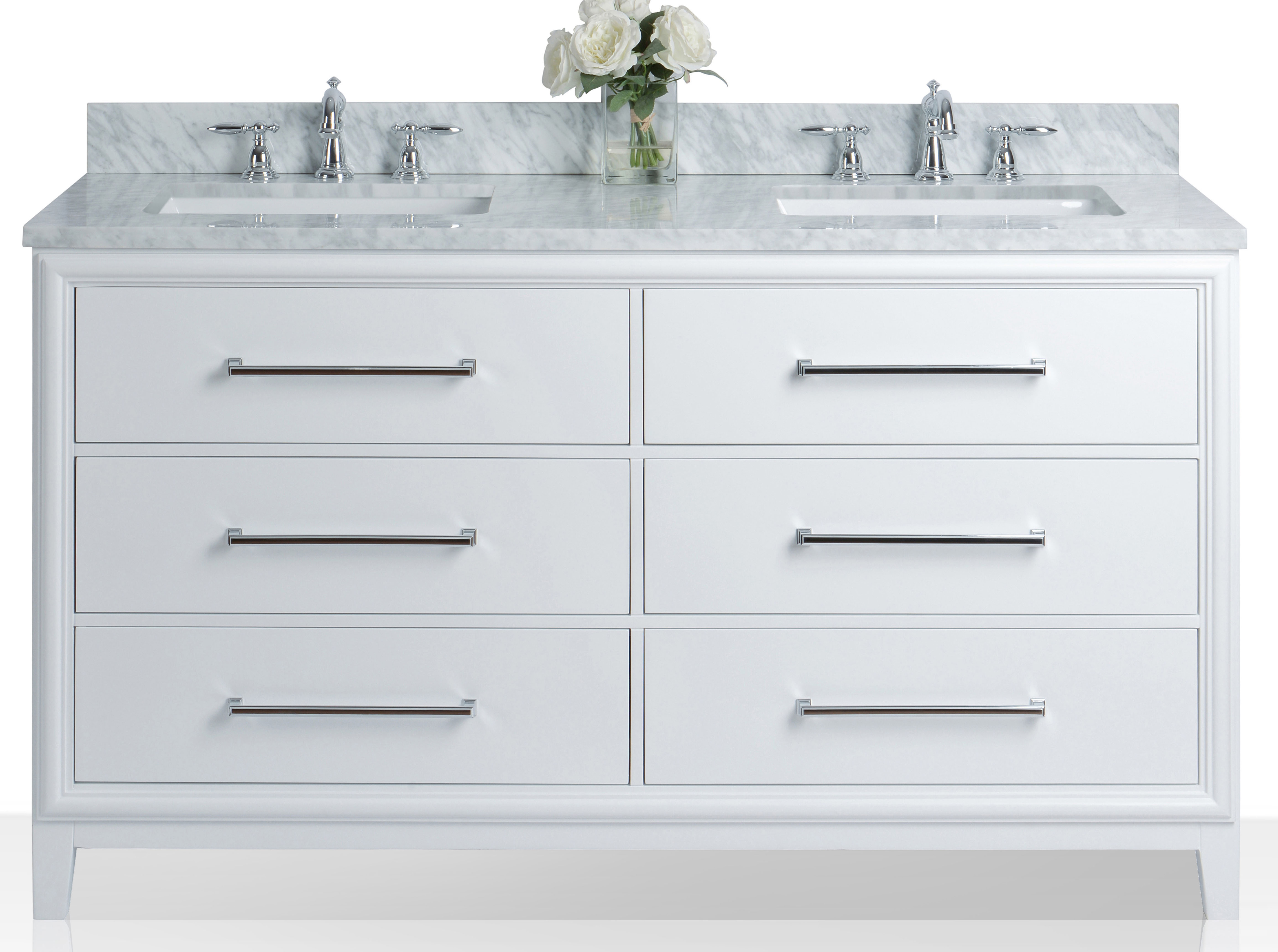 60" Bath Vanity Set in White with Italian Cararra White Marble Vanity Top and White Undermount Basins (No Mirror)