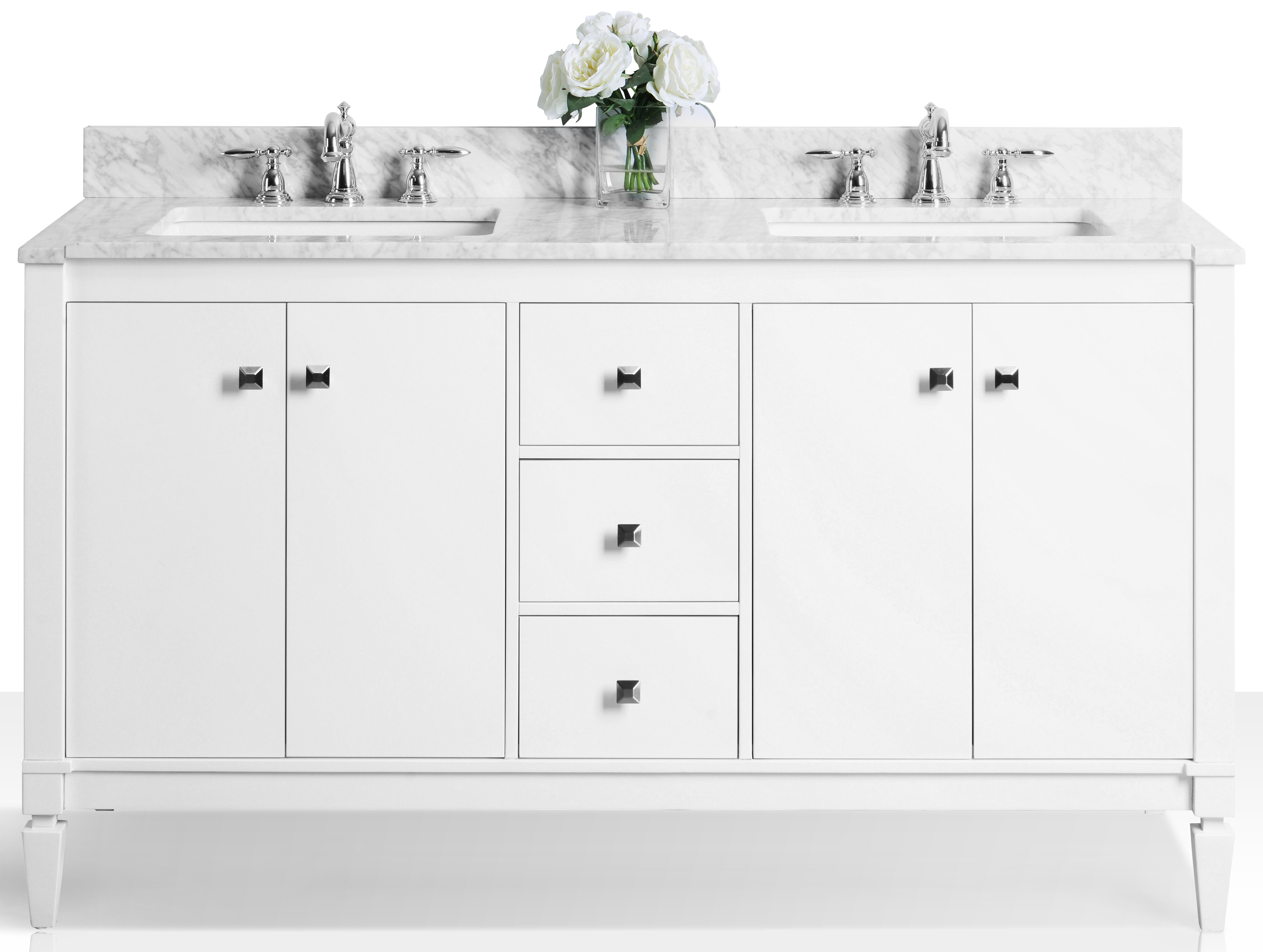 60" Double Sink Bath Vanity Set in White Finish with Italian Carrara White Marble Vanity top and White Undermount Basin
