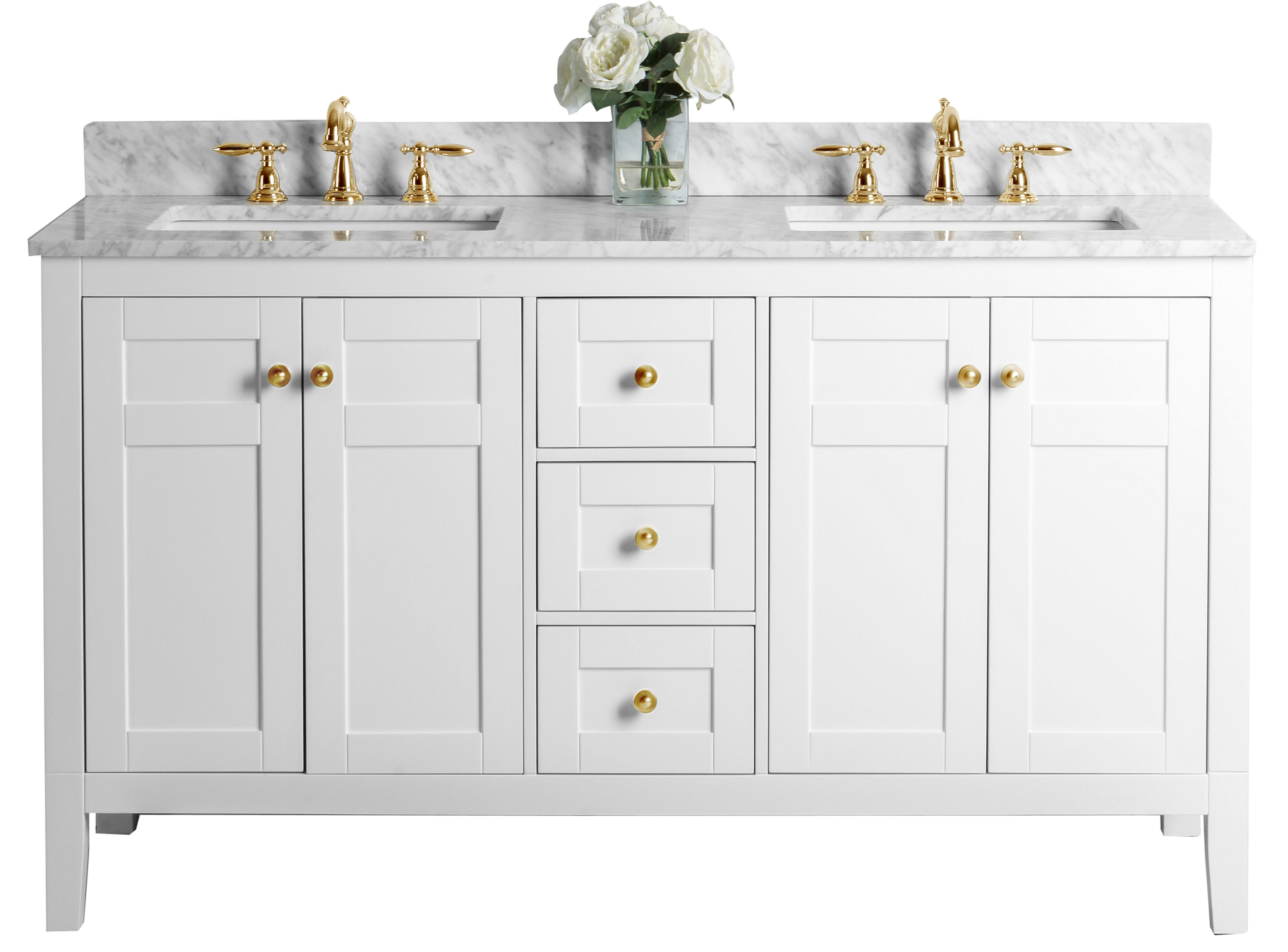 60" Bath Vanity Set in White Finish with Italian Carrara White Marble Vanity top and White Undermount Basin with Gold Hardware