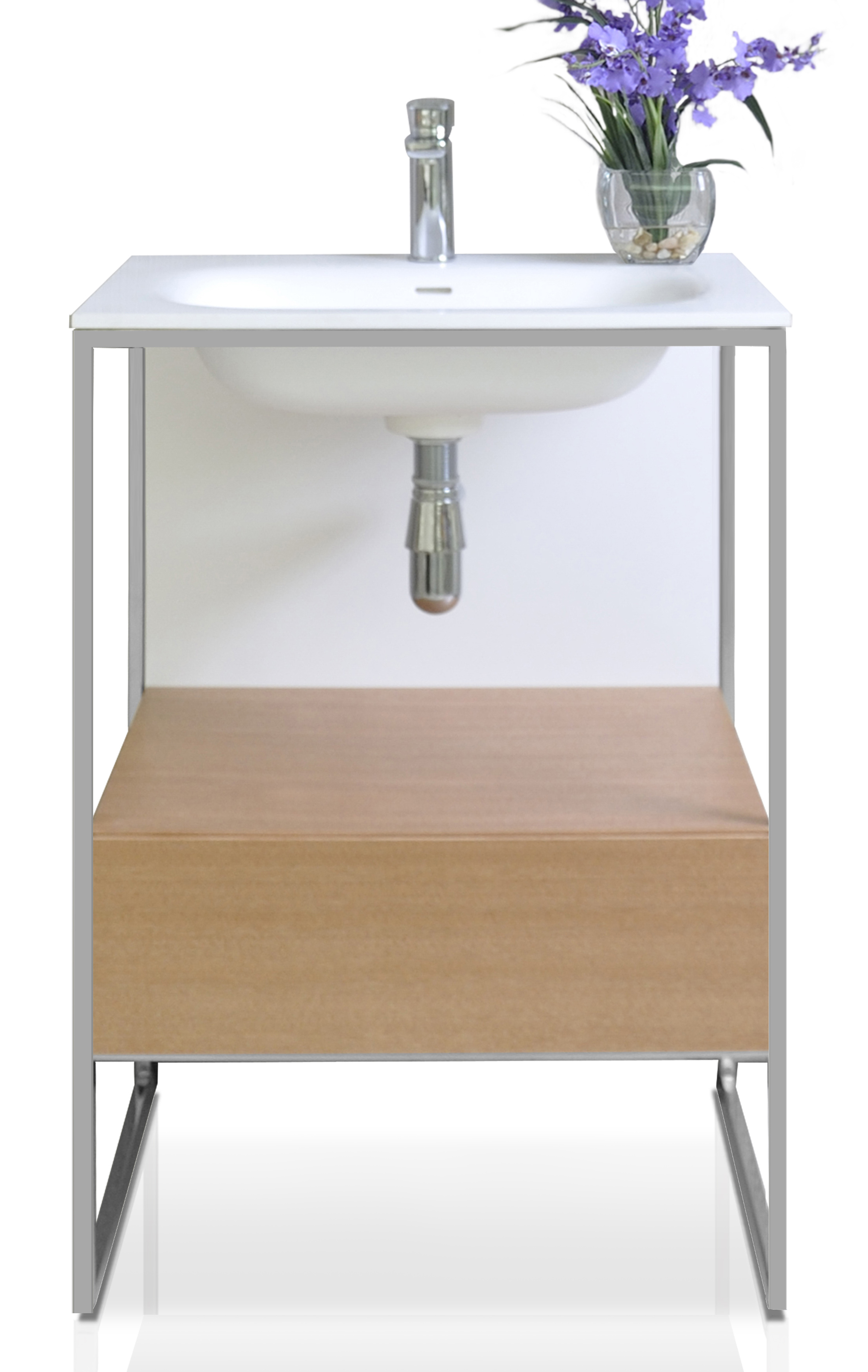 24" Bath Vanity in Natural Walnut with White Matte Seamless Solid Surface Sink top and Mirror