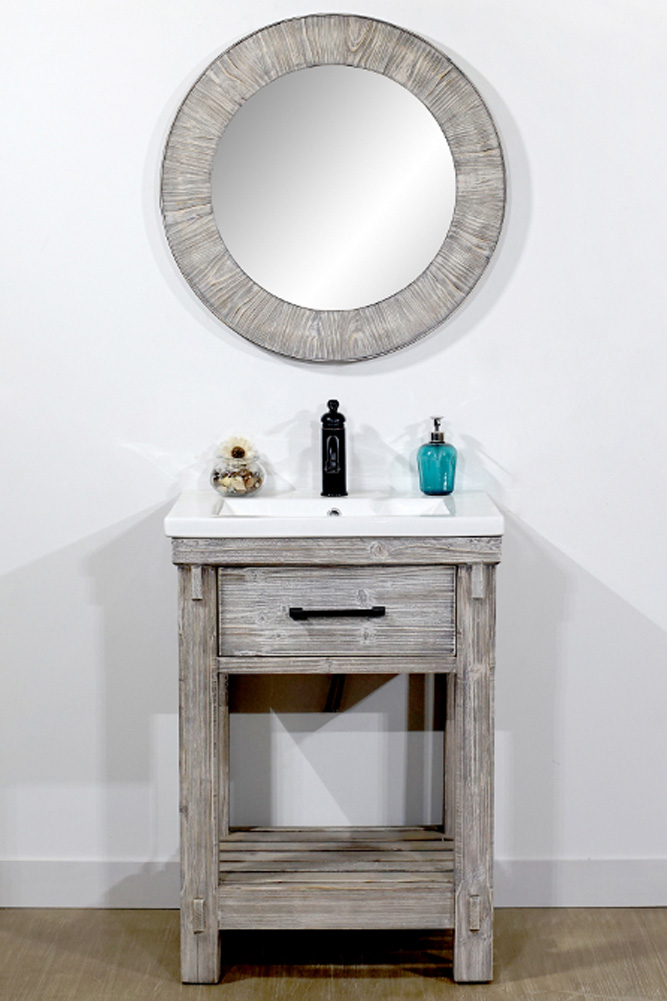 24" Rustic Solid Fir Single Sink Bathroom Vanity with Ceramic Top in Grey Driftwood Finish - No Faucet