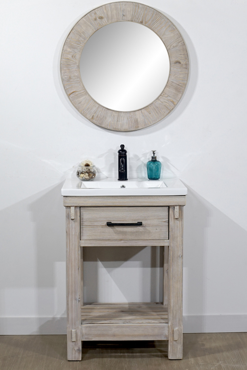 24" Rustic Solid Fir Single Sink Bathroom Vanity with Ceramic Top - No Faucet