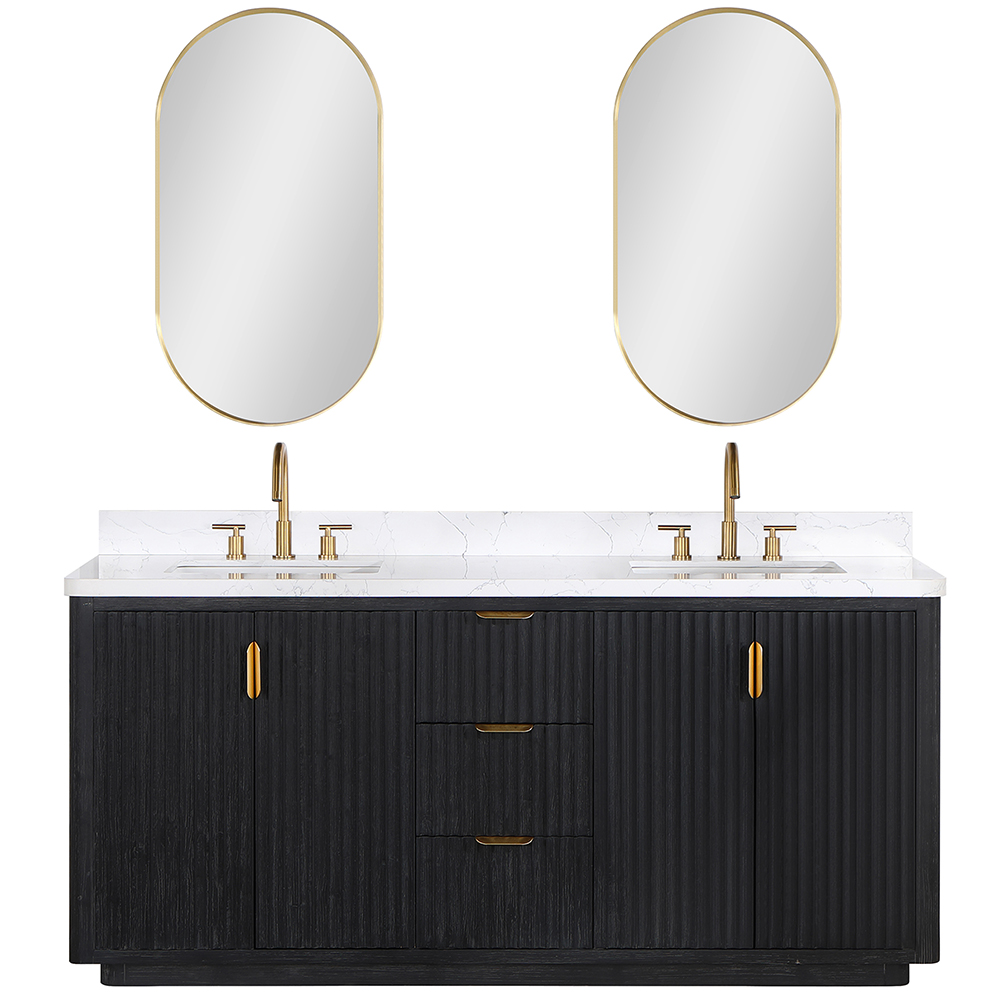 72in. Free-standing Double Bathroom Vanity in Fir Wood Black with Composite top in Lightning White