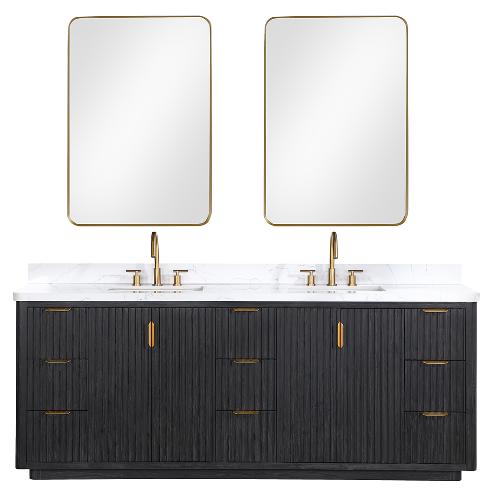 84in. Free-standing Double Bathroom Vanity in Fir Wood Black with Composite top in Lightning White