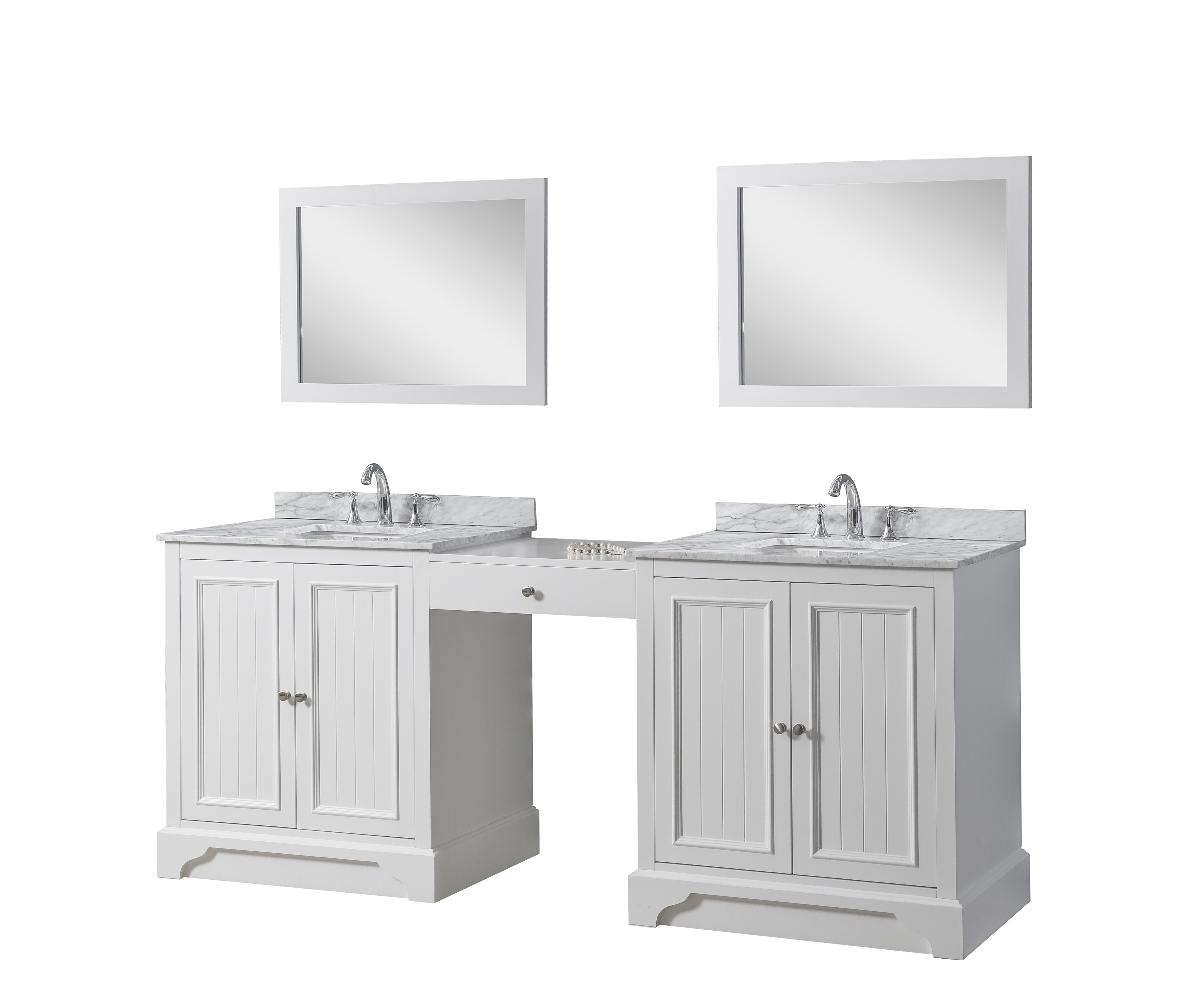 87'' Vanity in White with White Carrara Marble Top  and 2 mirrors 
