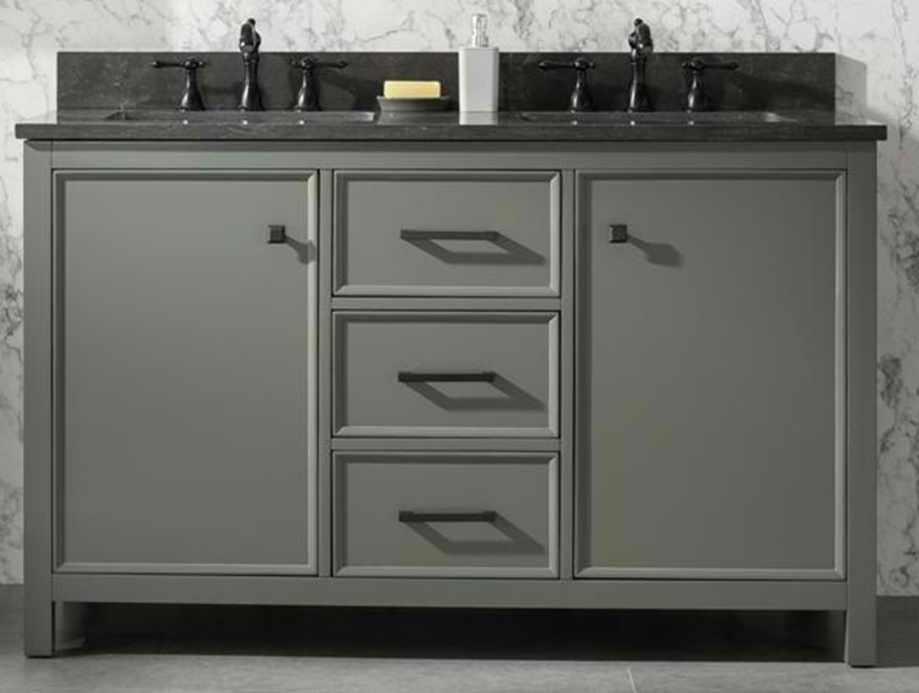 54" Pewter Green Finish Double Sink Vanity Cabinet with Blue Limestone Top