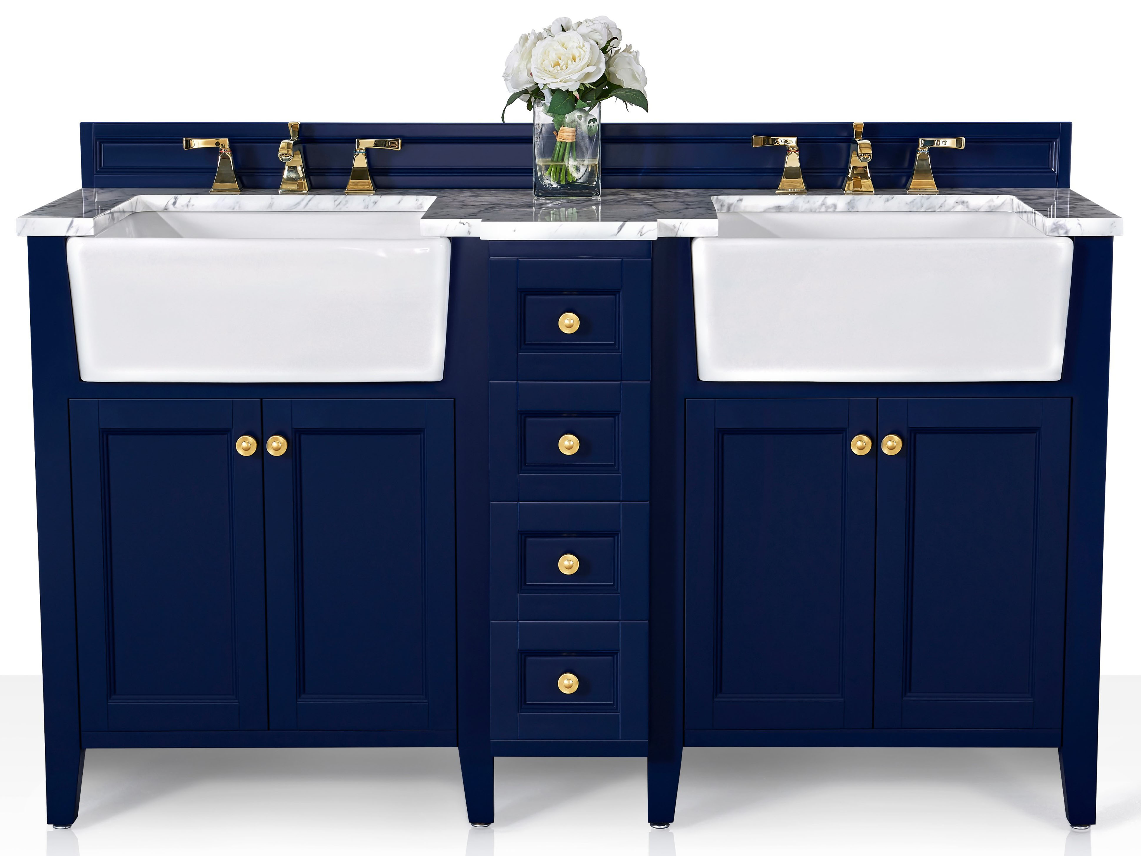 60" Bath Vanity Set in Heritage Blue with Italian Carrara White Marble Vanity Top and White Undermount Basin with Gold Hardware