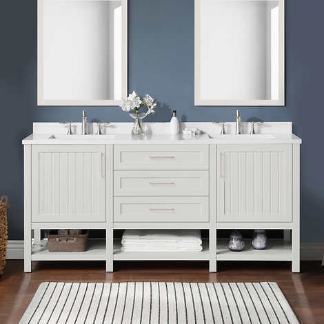 Issac Edwards Collection 72" Double Bathroom Vanity in White Finish with White Engineered Stone Countertop