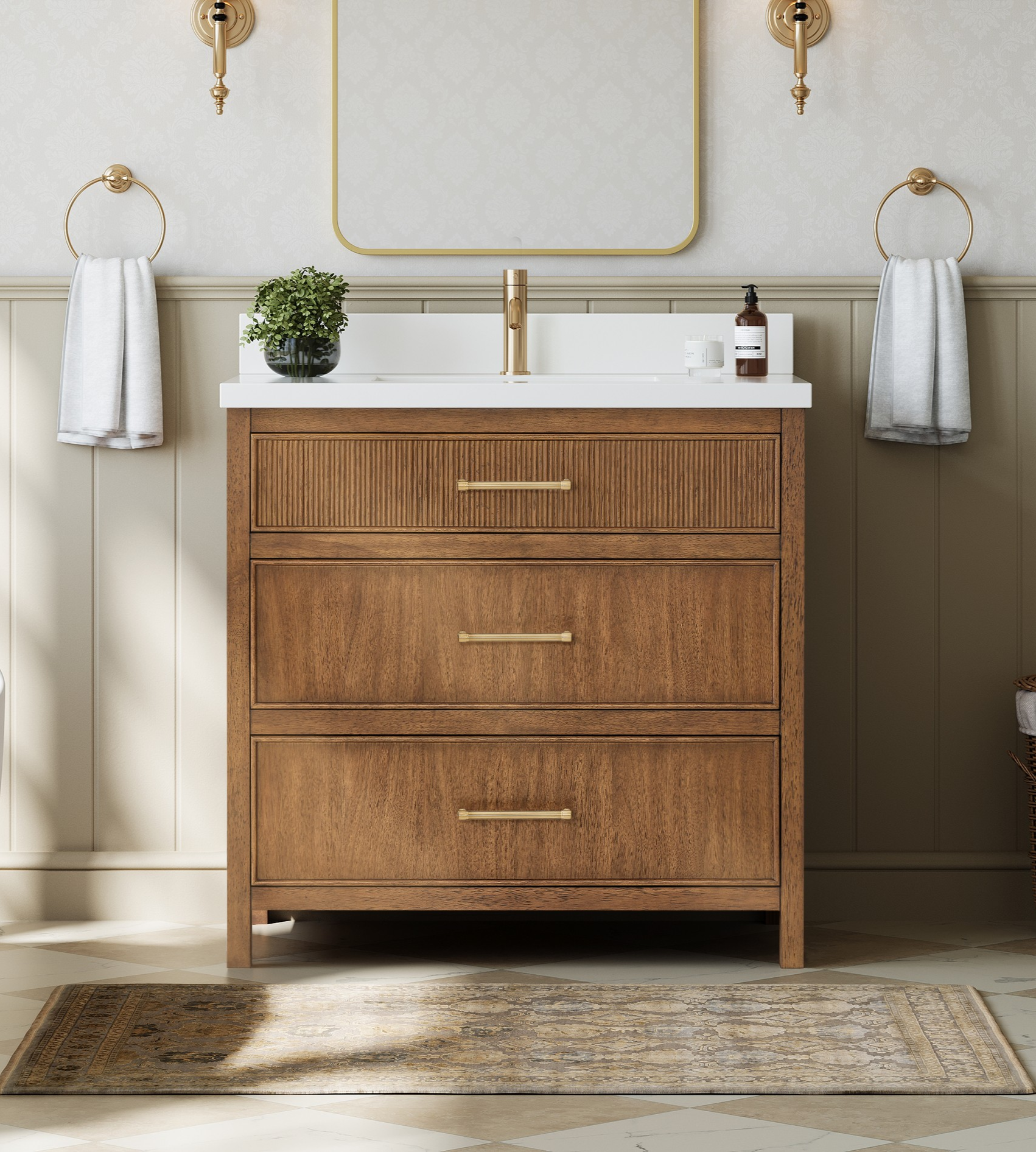 36" Single Bathroom Vanity in Toasted Walnut, Base only, Satin Bronze Trim with Countertop Options and Hardware Options