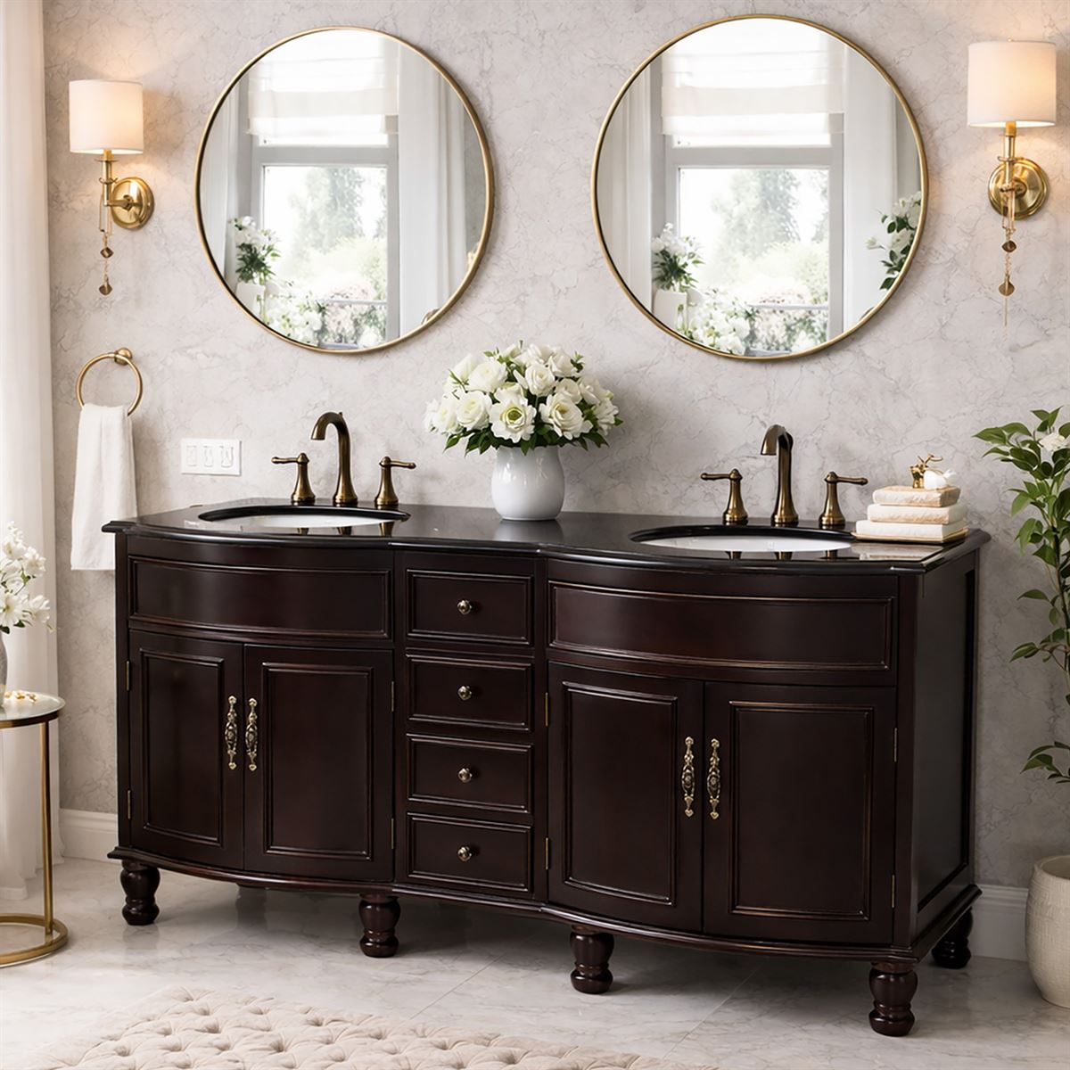 Adelina 62" Double Sink Vanity in Dark Mahogany with Black Galaxy Granite Top